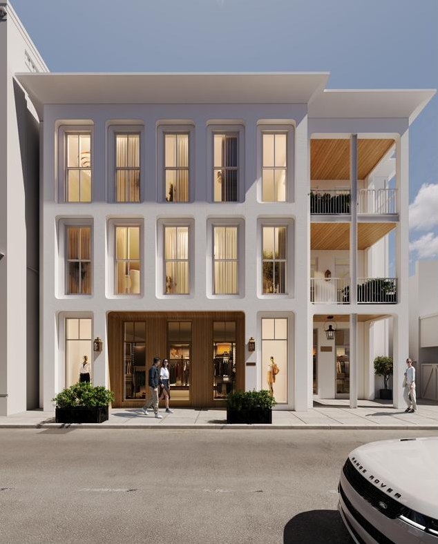 Rendering of 9 Linguard Street from the street: a three-story white facade with tall windows, a wood-framed storefront, and stacked balconies.